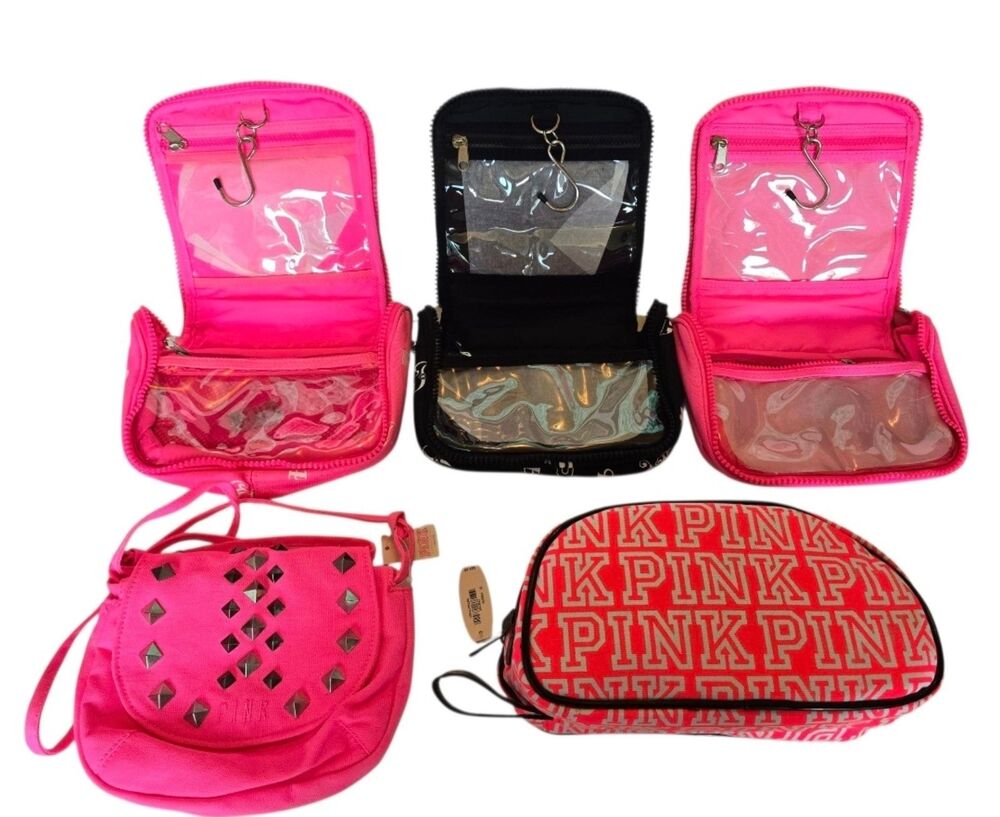 5pc VICTORIA'S SECRET PINK MAKEUP COSMETIC BAG HANGING TRAIN CASE CROSS-BODY NWT